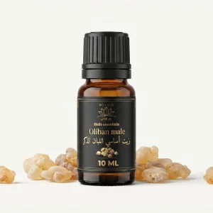 زيت اللبان العطري بيو لوتس محاط بحبات راتنج اللبان الطبيعي
