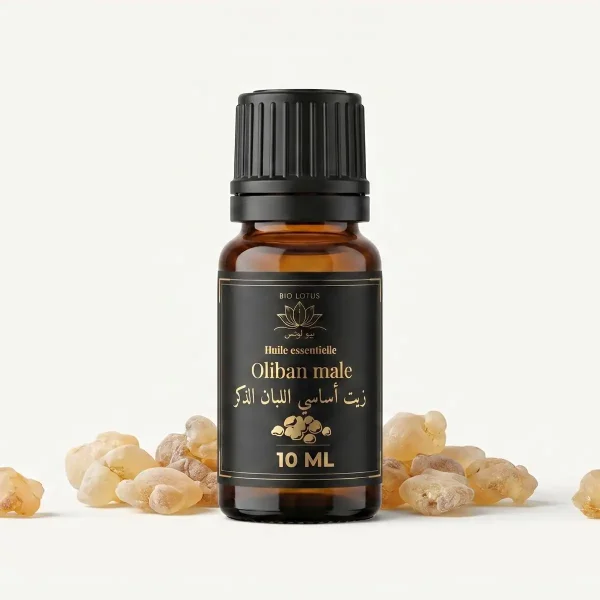 زيت اللبان العطري بيو لوتس محاط بحبات راتنج اللبان الطبيعي
