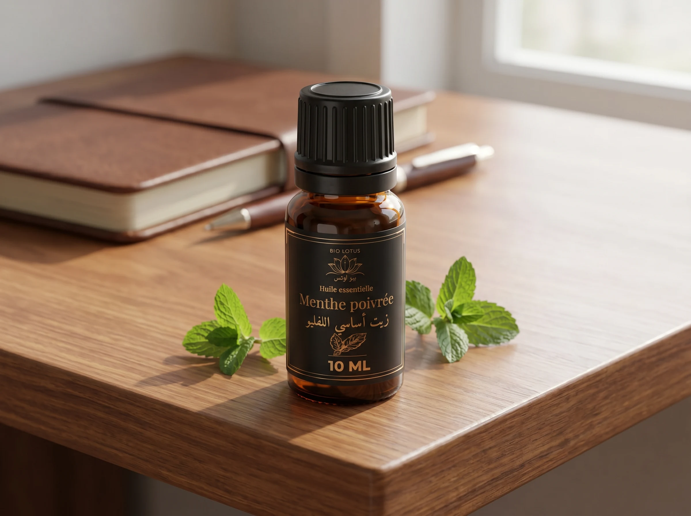 زيت النعناع العطري بيو لوتس على مكتب لصفاء الذهن والتركيز