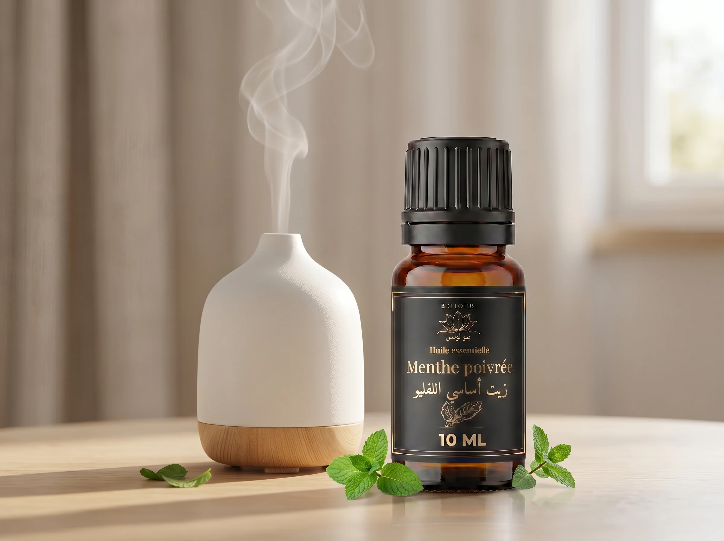 زيت النعناع العطري بيو لوتس 10مل في طقس بخار منعش بجانب جهاز الترطيب
