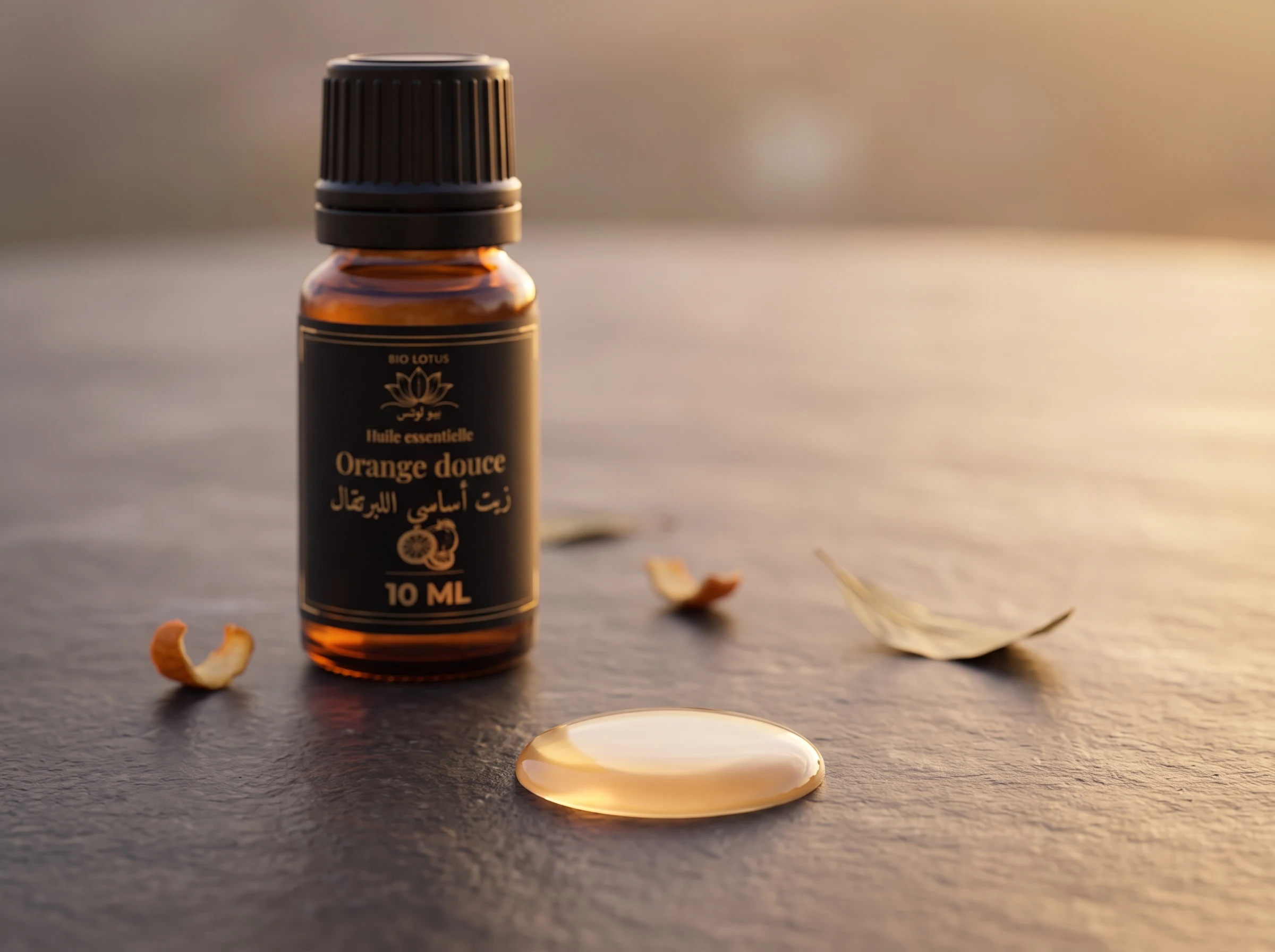 قطرة زيت البرتقال الحلو النقي من بيو لوتس عن قرب