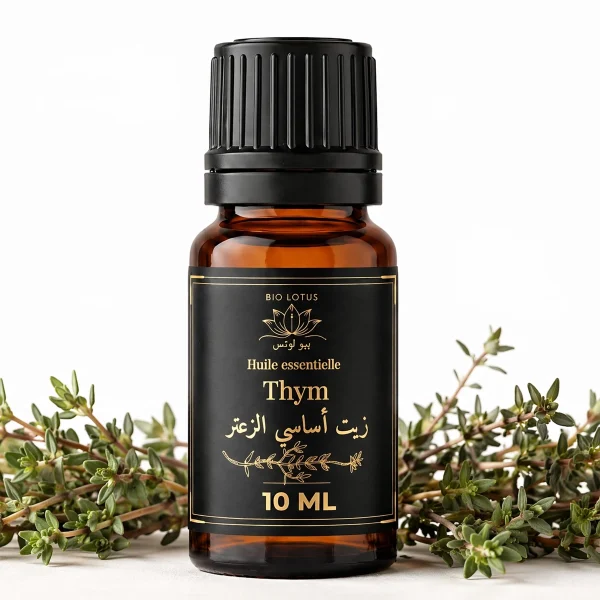 زيت الزعتر العطري بيو لوتس محاطاً بأغصان الزعتر الطازجة
