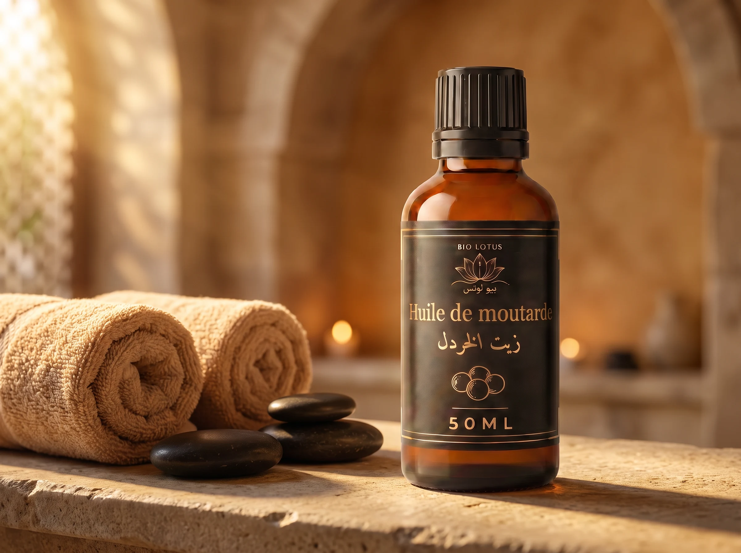 زيت الخردل من بيو لوتس لتدليك الجسم الدافئ، أجواء سبا مع أحجار ساخنة ومناشف
