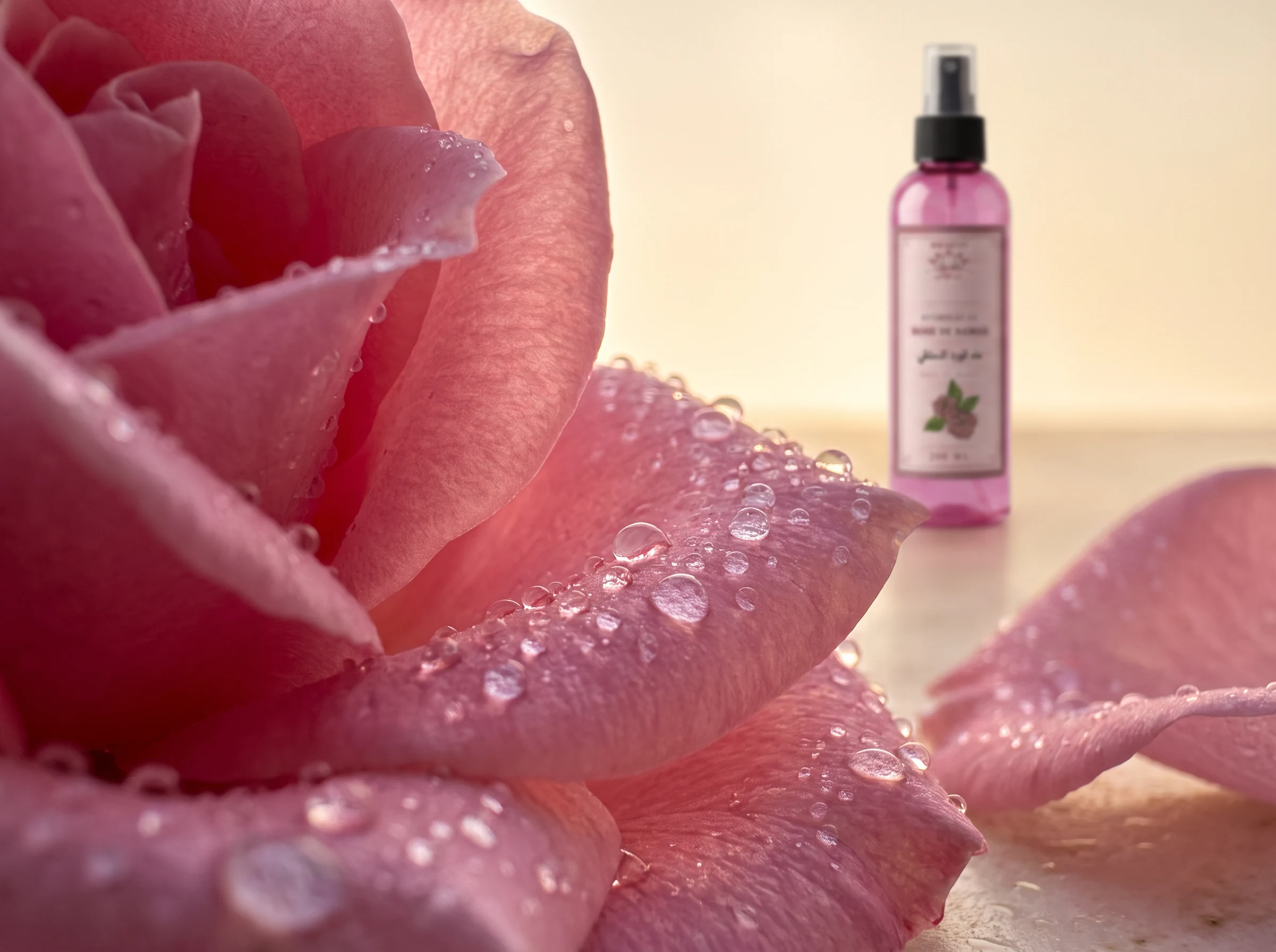 بتلات ورد الدمشق مغطاة بقطرات الندى - ماء ورد طبيعي بيو لوتس