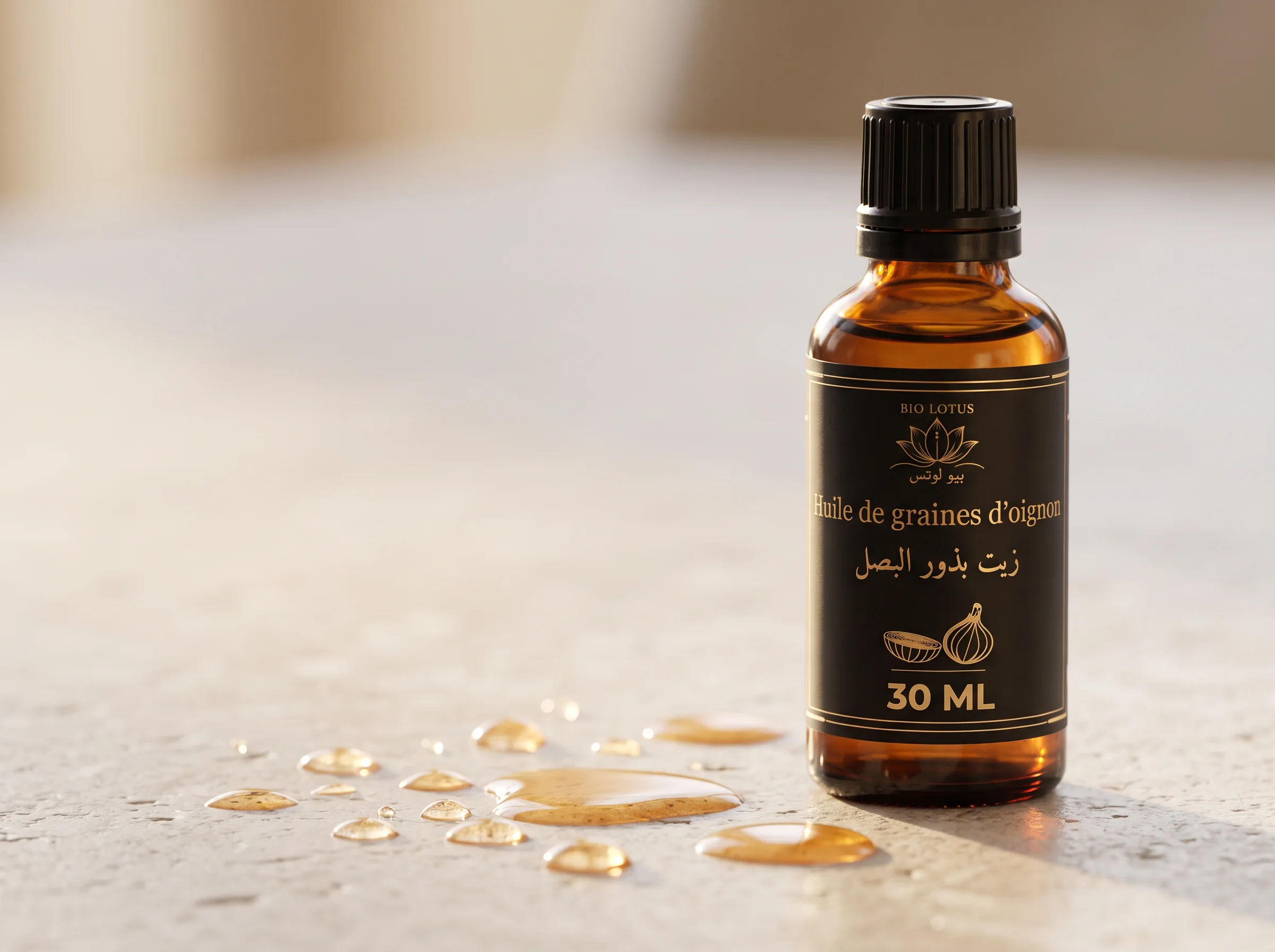 قوام زيت بذور البصل المقوّي من بيو لوتس، قطرات ذهبية عن قرب