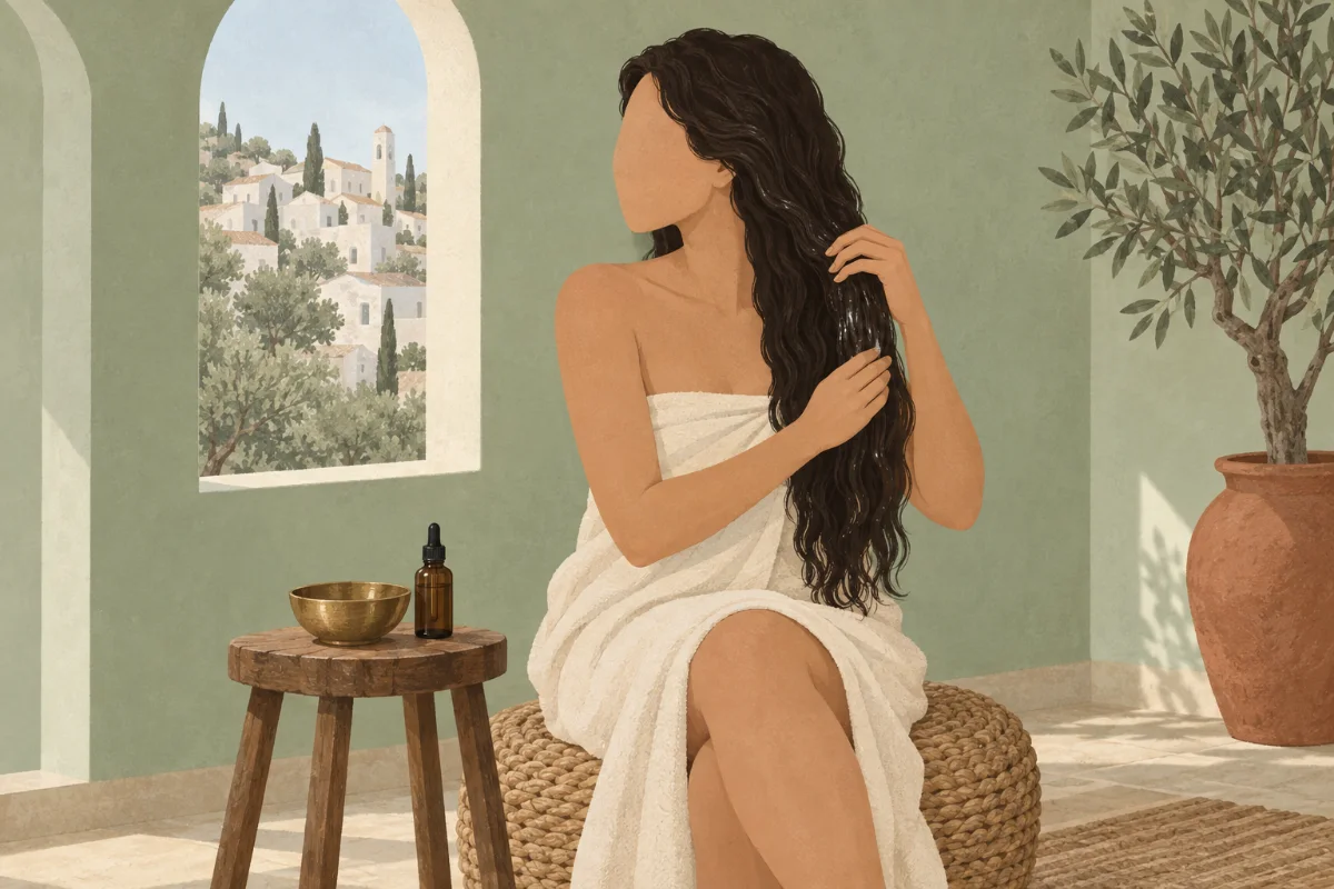 رسم توضيحي لامرأة ملفوفة بمنشفة تجلس على مقعد من القش وتمرّر الزيت النباتي على شعرها، مع وعاء وقارورة قطّارة على طاولة صغيرة