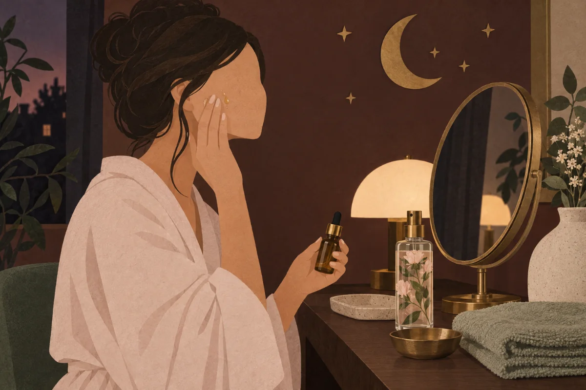 رسم توضيحي للعناية المسائية بالوجه: قطرات زيت على الخد وماء زهور وقارورة قطّارة على طاولة الزينة