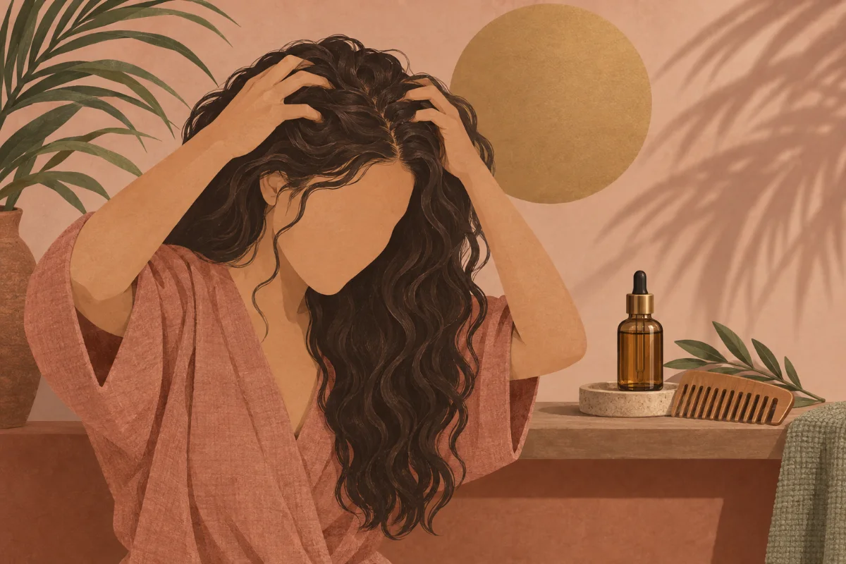 رسم توضيحي لتدليك فروة الرأس بأطراف الأصابع بالزيت، مع قارورة قطّارة ومشط خشبي على الرف