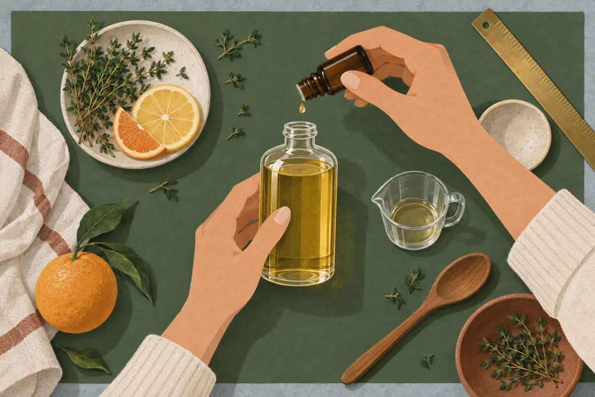 رسم توضيحي لقطرة زيت عطري تسقط في قارورة زيت نباتي، مع زعتر وحمضيات وكأس قياس