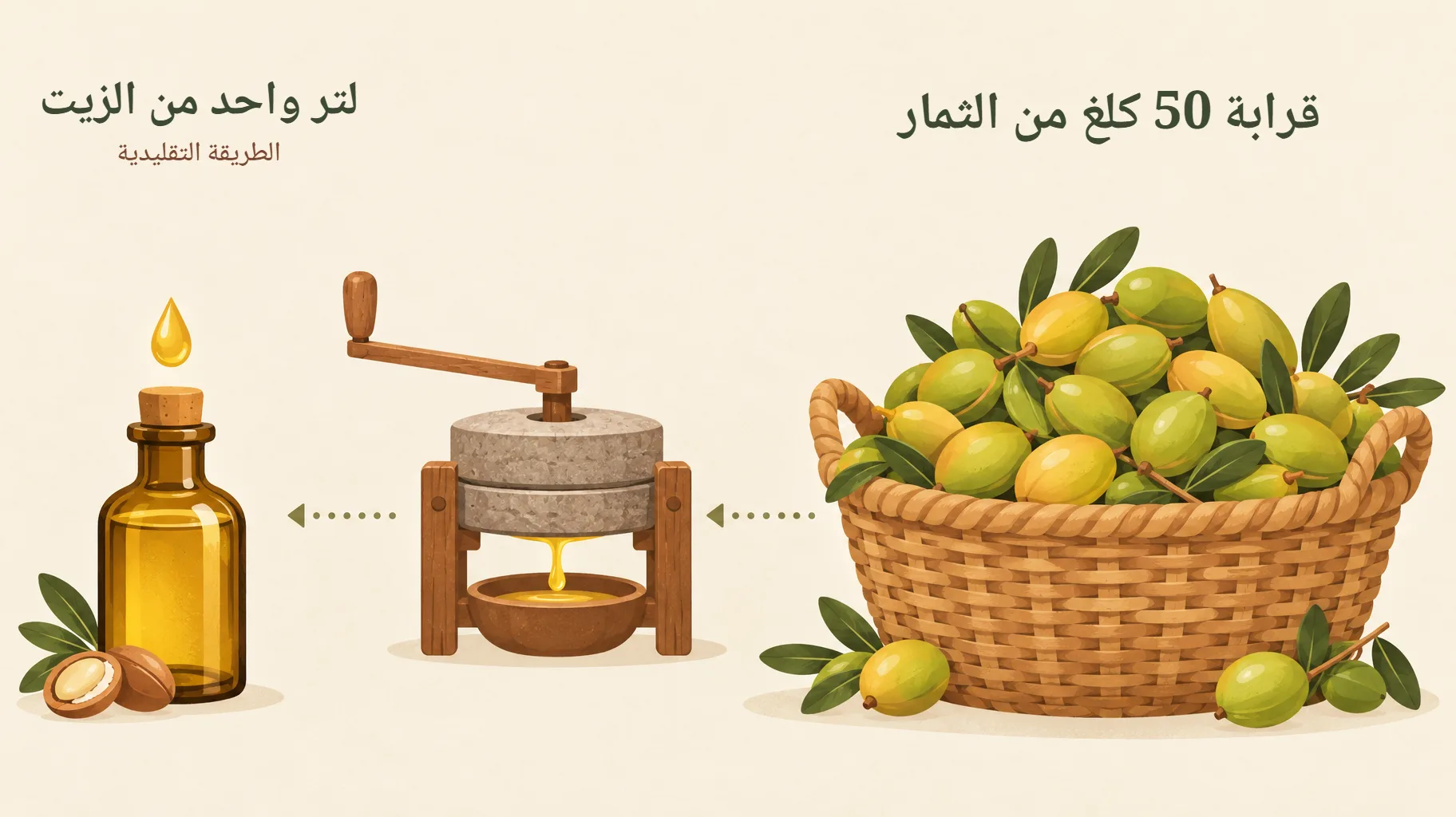 رسم توضيحي: سلة مليئة بثمار الأرغان تقابلها قارورة زيت واحدة، للدلالة على أن اللتر الواحد يحتاج إلى قرابة 50 كلغ من الثمار