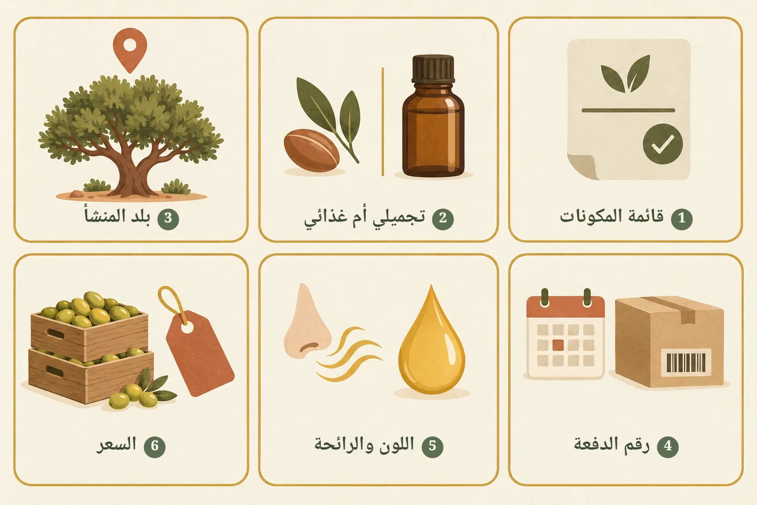 ست علامات تجمعونها قبل شراء زيت الأرغان: قائمة المكونات، تجميلي أم غذائي، بلد المنشأ، رقم الدفعة، اللون والرائحة، والسعر